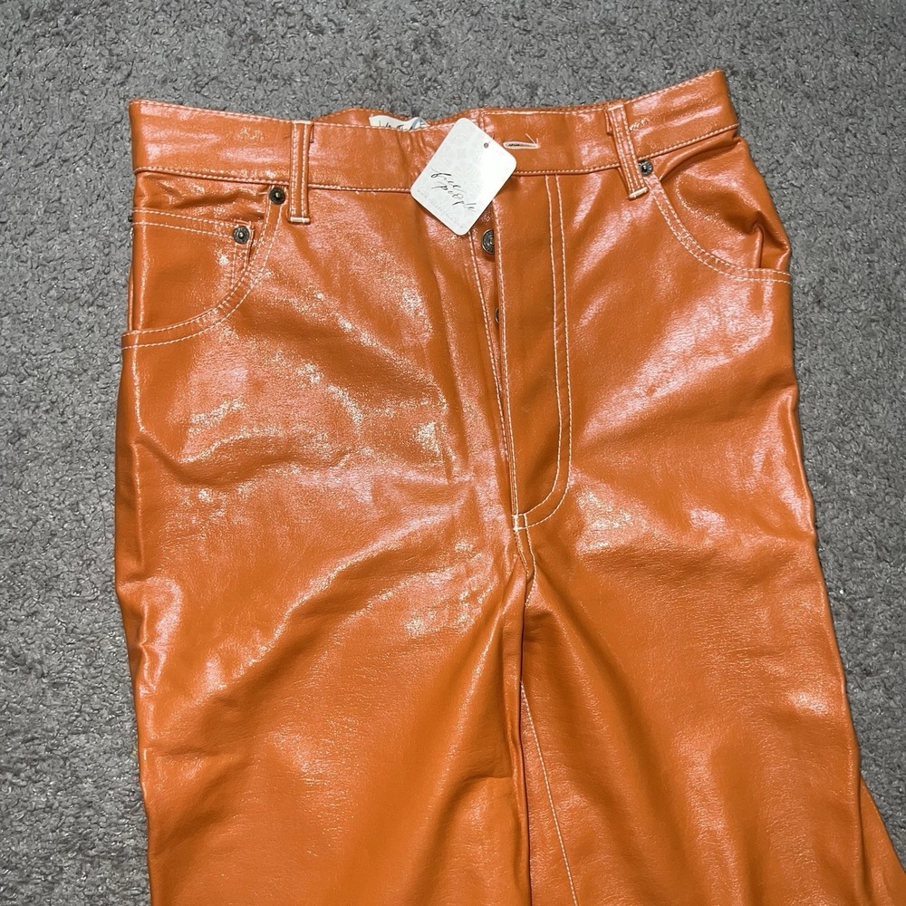 Free‎ People Pants Women 6 Orange High Rise Baggy Wide Leg Vegan Leather
